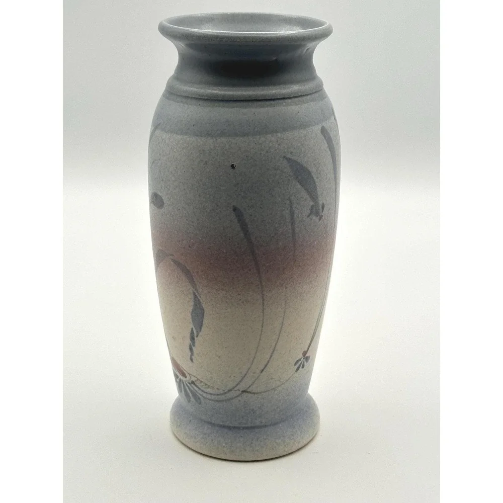 Westlin Signed Studio Pottery Vase Blue Mauve Floral Hand Painted Ceramic Decor